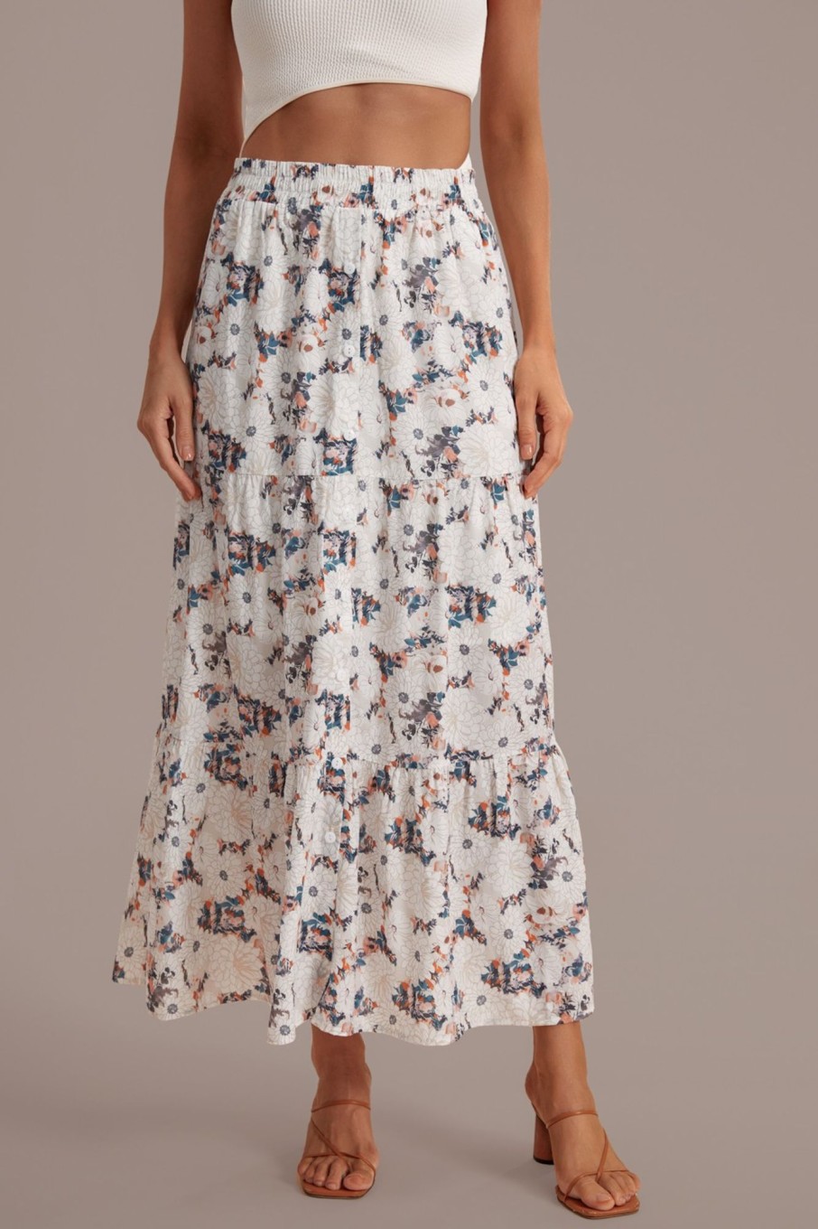 Online Floral Elastic Waist Buttons Tiered Maxi Skirt Multi