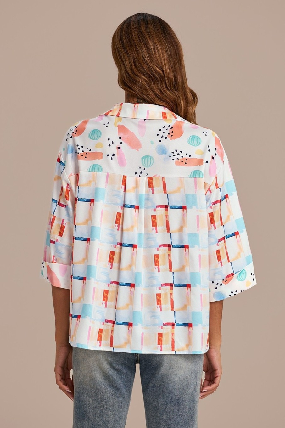 Online Fruit And Plaid Collared Neck Short Sleeve Colorblock Blouse Multi