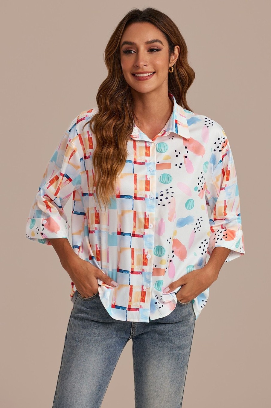 Online Fruit And Plaid Collared Neck Short Sleeve Colorblock Blouse Multi