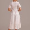 New Ivory Short Sleeve High Neck Smocked Midi Dress Floral