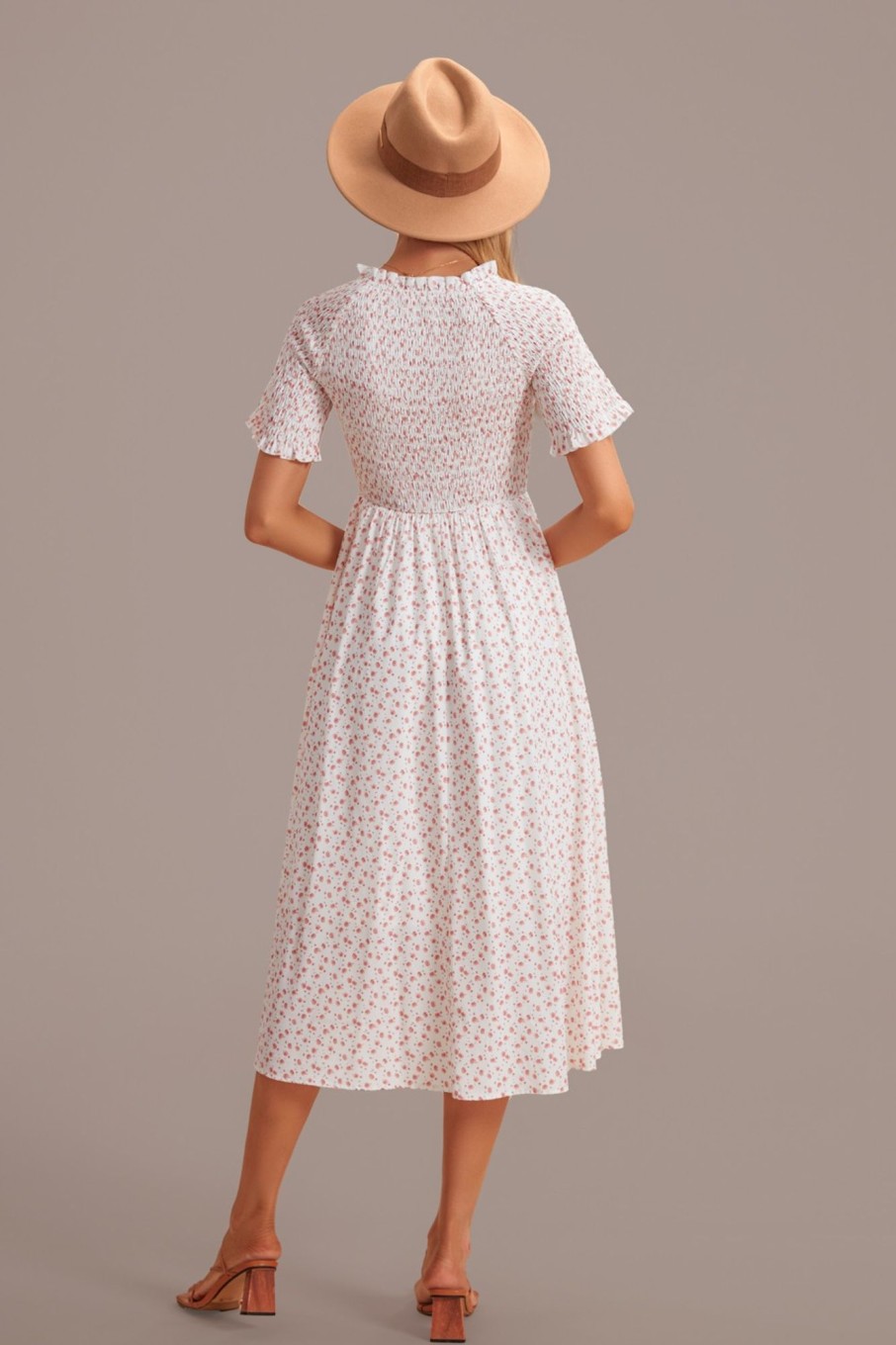 New Ivory Short Sleeve High Neck Smocked Midi Dress Floral