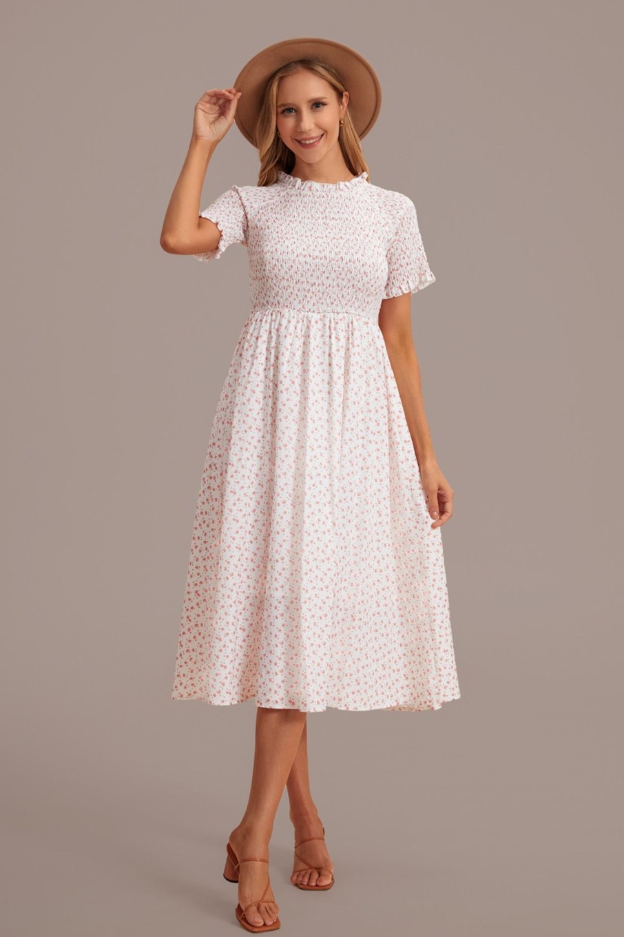 New Ivory Short Sleeve High Neck Smocked Midi Dress Floral