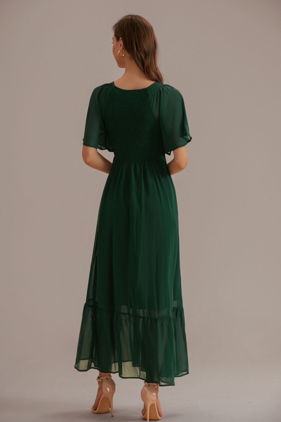 Online Short Sleeve V Neck Midi Dress Evergreen