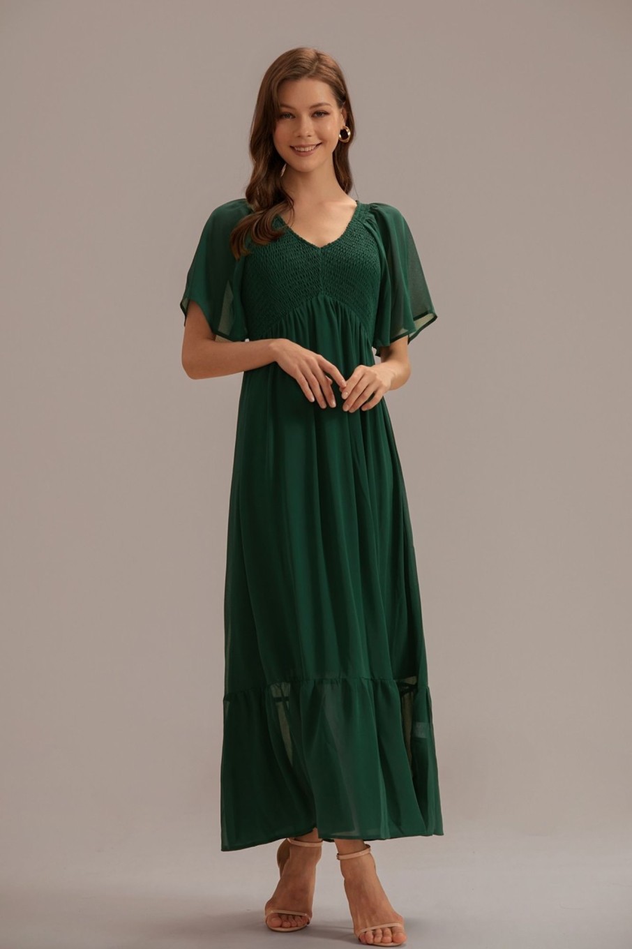 Online Short Sleeve V Neck Midi Dress Evergreen