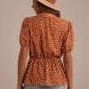 Online V Neck Elastic Sleeve Polka Dot Top Rust