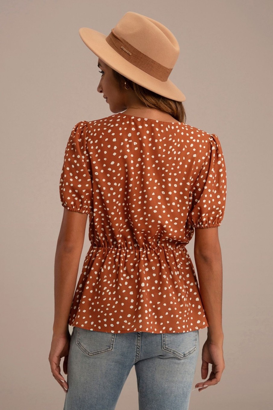 Online V Neck Elastic Sleeve Polka Dot Top Rust