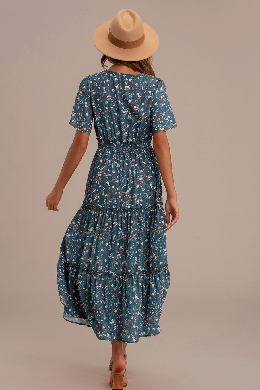 Best Floral Short Sleeve V Neck Tiered Maxi Dress As Picture