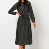 New Round Shirred Neck Long Sleeve Midi Dress Black