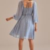 Best Textured Dot 3/4 Sleeve Square Neck Smocked Midi Dress Light Blue