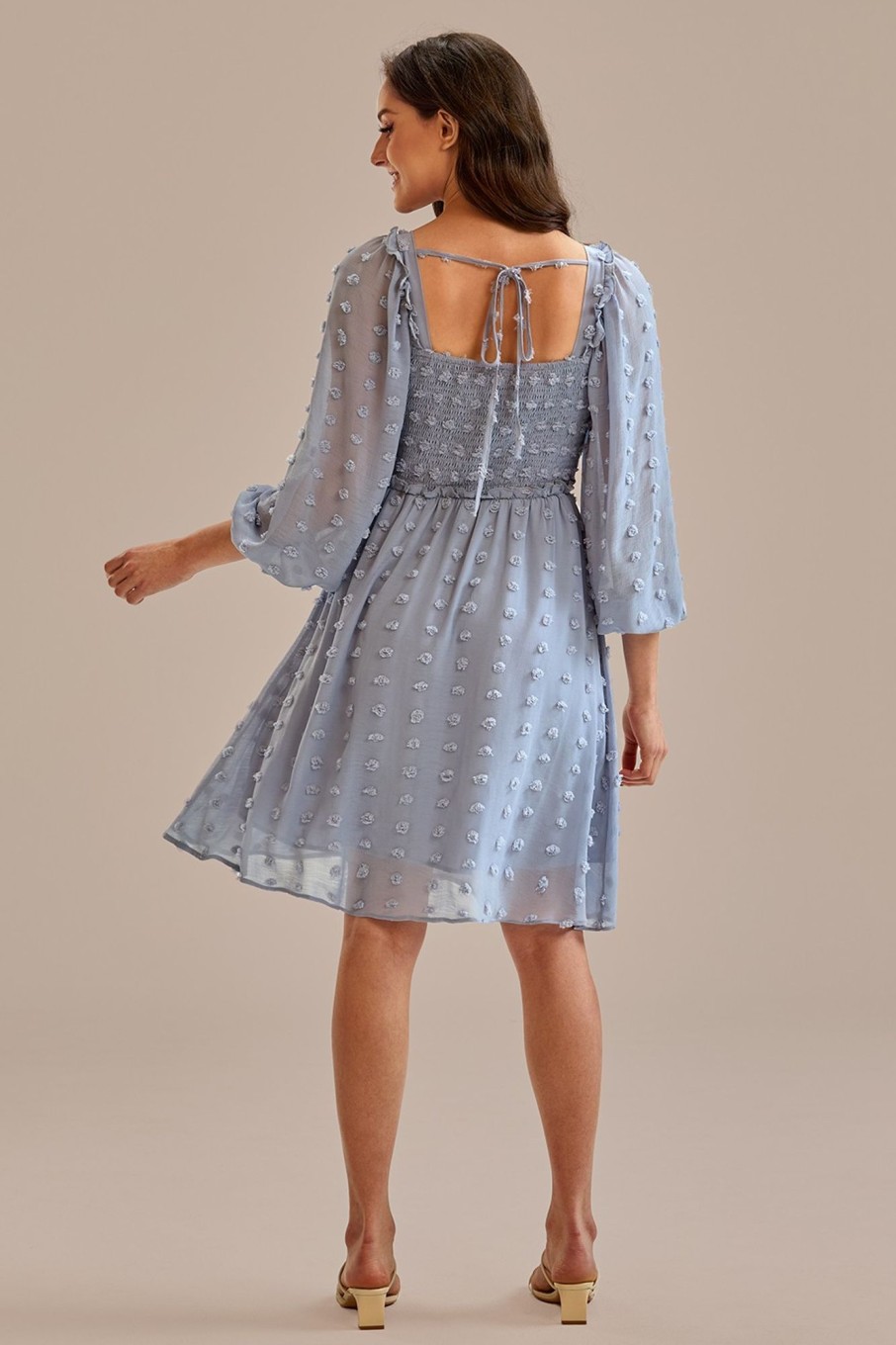 Best Textured Dot 3/4 Sleeve Square Neck Smocked Midi Dress Light Blue