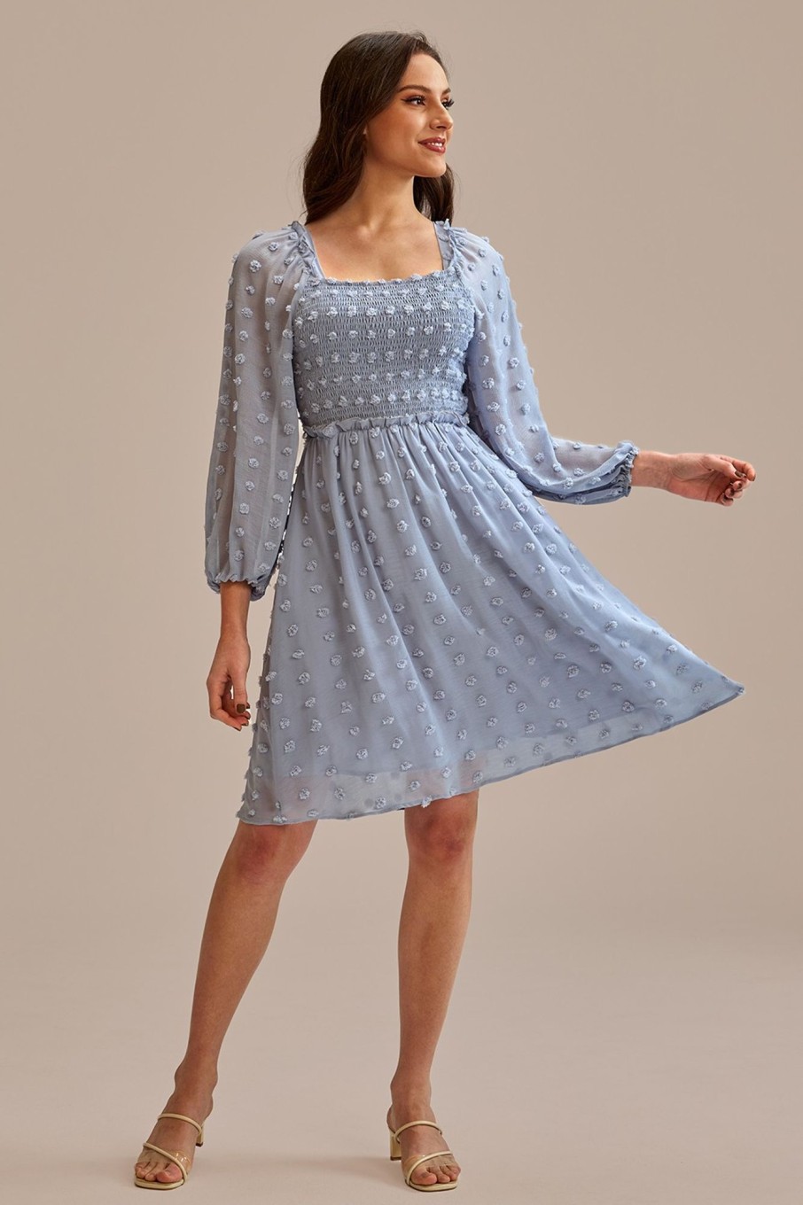 Best Textured Dot 3/4 Sleeve Square Neck Smocked Midi Dress Light Blue