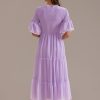 Clearance Short Ruffle Sleeve High Neck Smocked Midi Dress Lavender