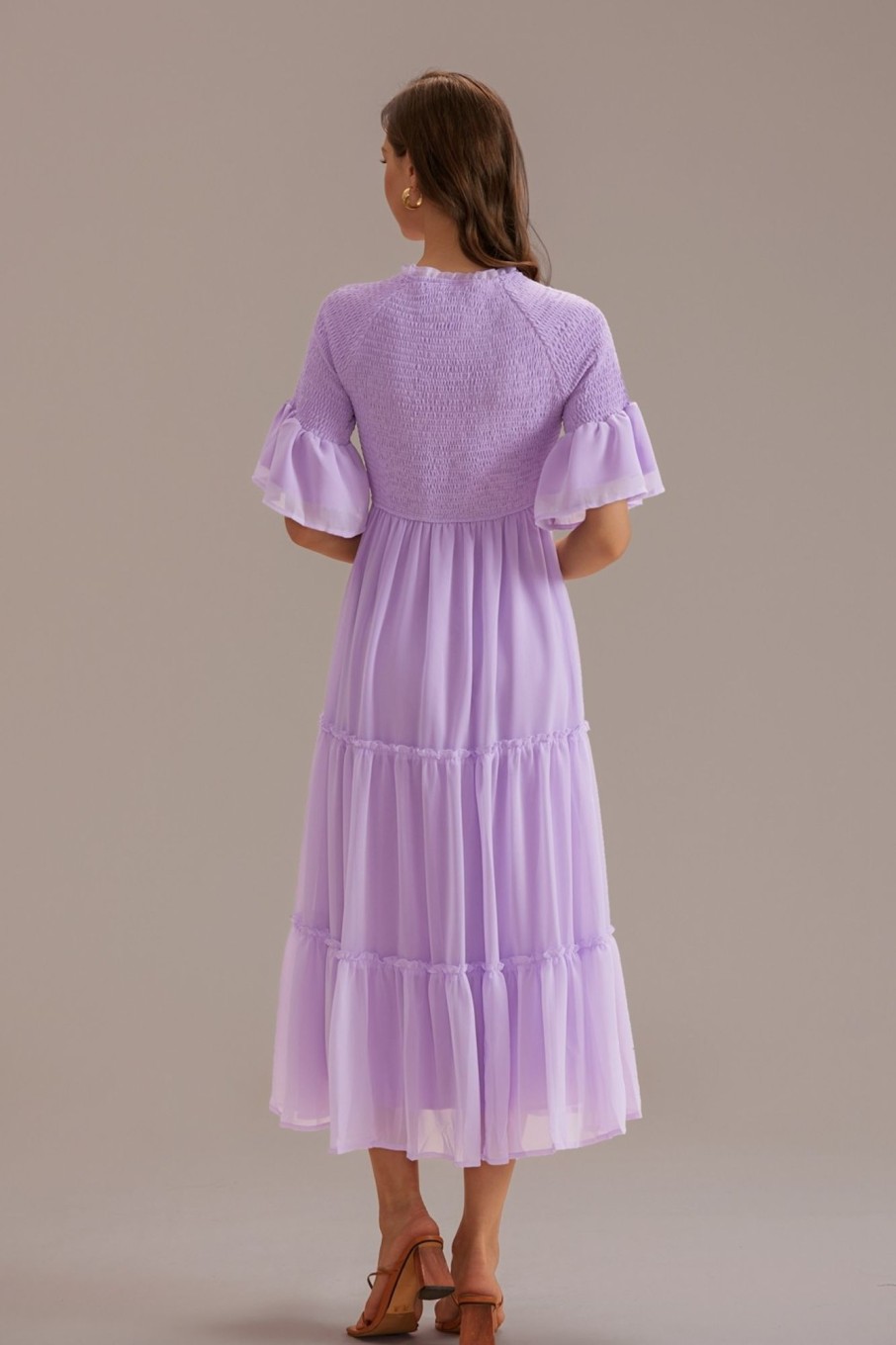 Clearance Short Ruffle Sleeve High Neck Smocked Midi Dress Lavender