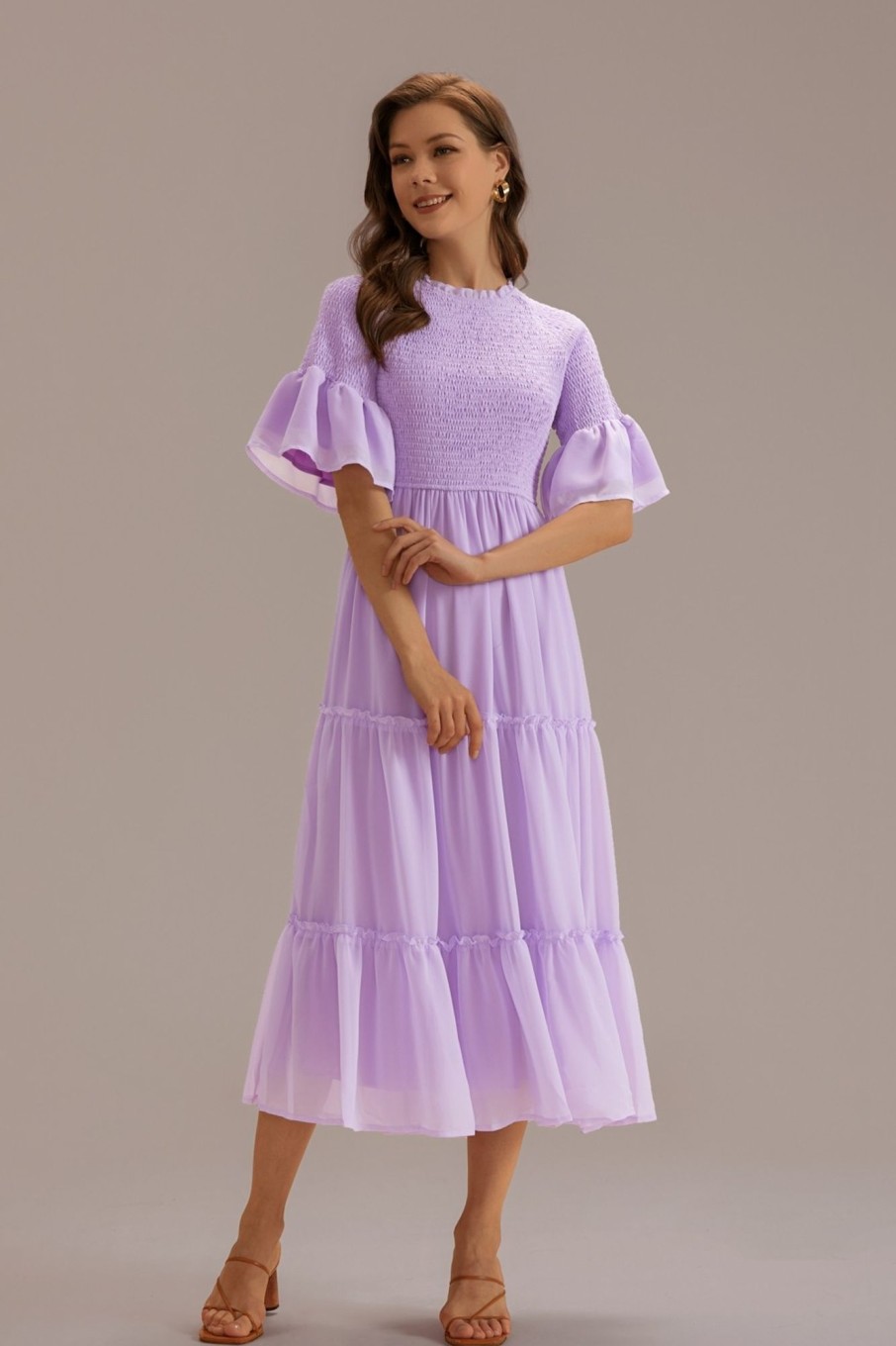 Clearance Short Ruffle Sleeve High Neck Smocked Midi Dress Lavender