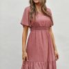 Clearance Short Sleeve V Neck Embroidered Mini Dress Salmon