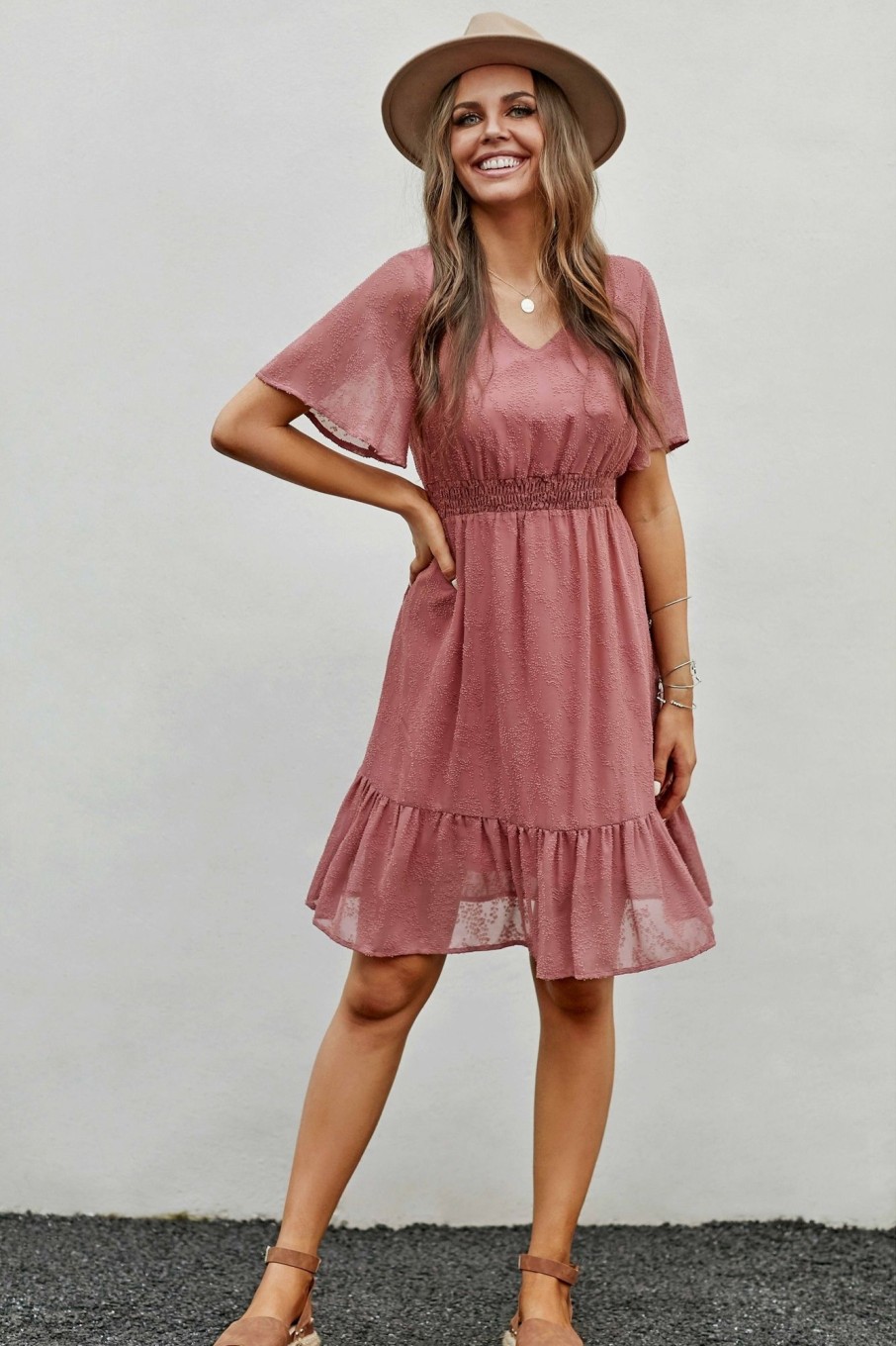 Clearance Short Sleeve V Neck Embroidered Mini Dress Salmon