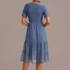 New Round Neck Short Sleeve Swiss Dots Smocked Tiered Midi Dress Blue