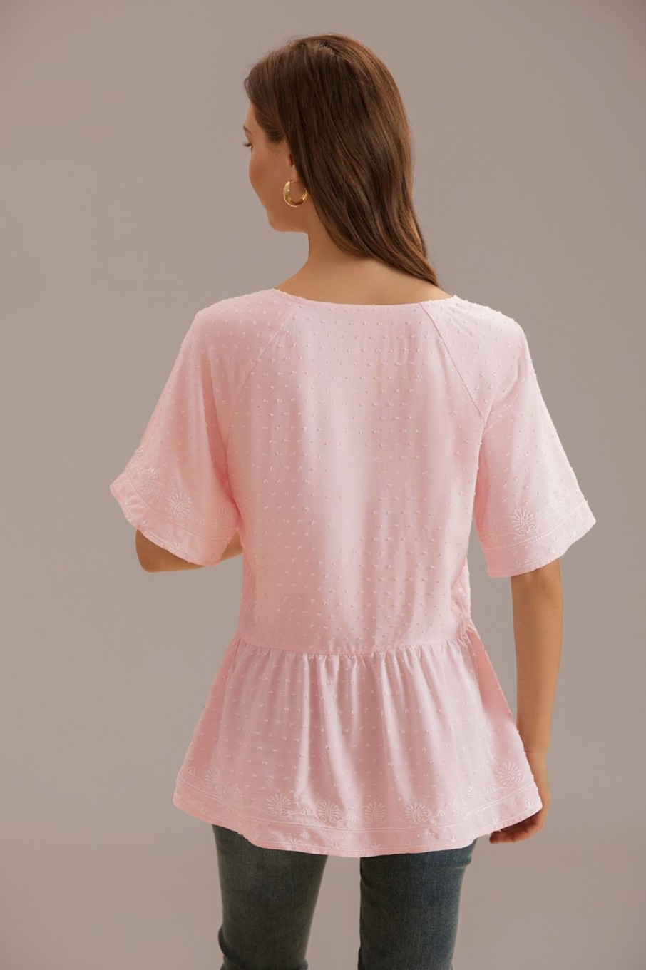 Hot Short Sleeve V Neck Embroidered Peplum Blouse Light Pink