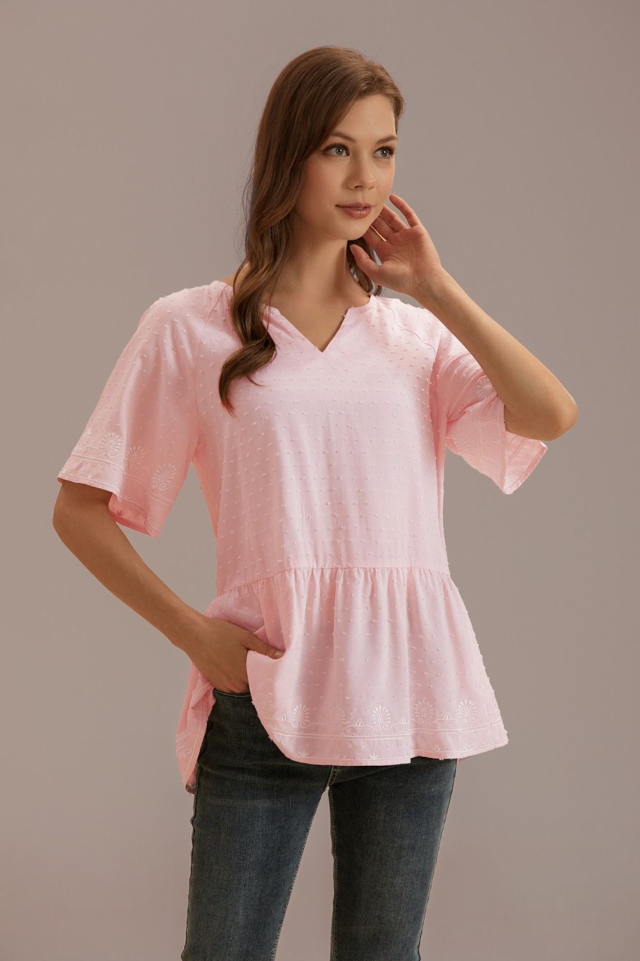 Hot Short Sleeve V Neck Embroidered Peplum Blouse Light Pink