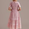 New Short Sleeve Round Neck Smocked Tiered Midi Dress Pink