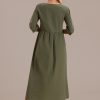 Clearance 3/4 Length Balloon Sleeve Round Neck Pocketed Midi Dress Green