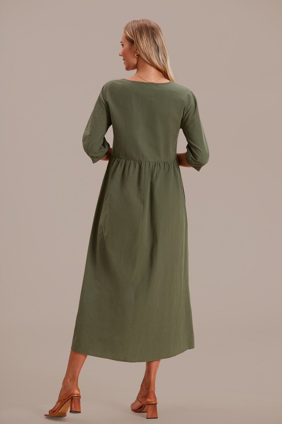 Clearance 3/4 Length Balloon Sleeve Round Neck Pocketed Midi Dress Green