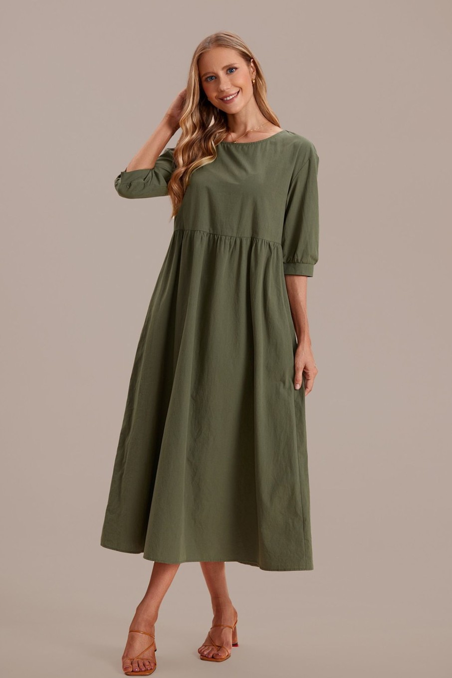 Clearance 3/4 Length Balloon Sleeve Round Neck Pocketed Midi Dress Green