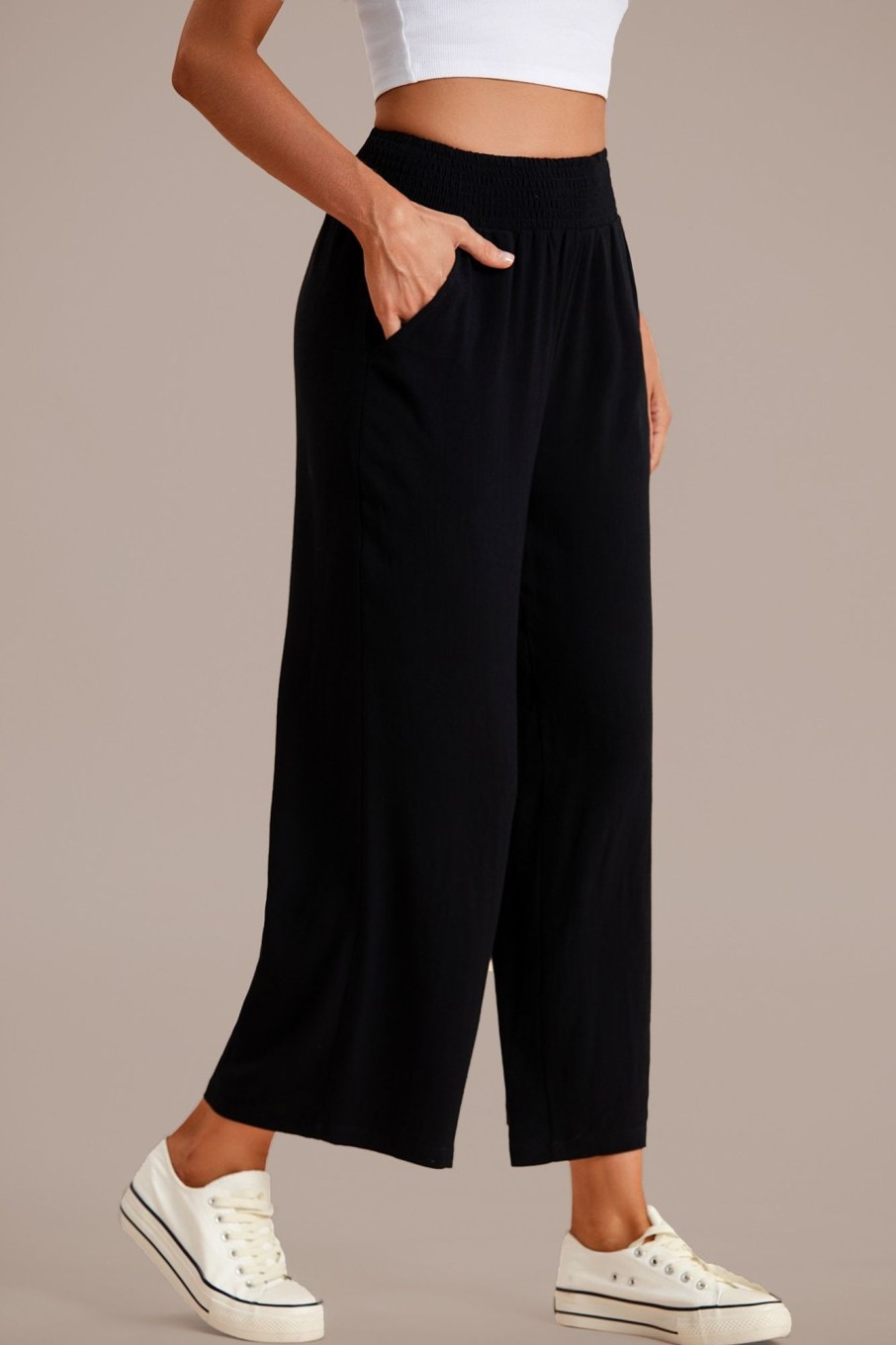 Clearance Drawstring Waist Wide Leg Pants Black