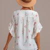 Hot Floral V Neck Ruffle Short Sleeve Blouse White