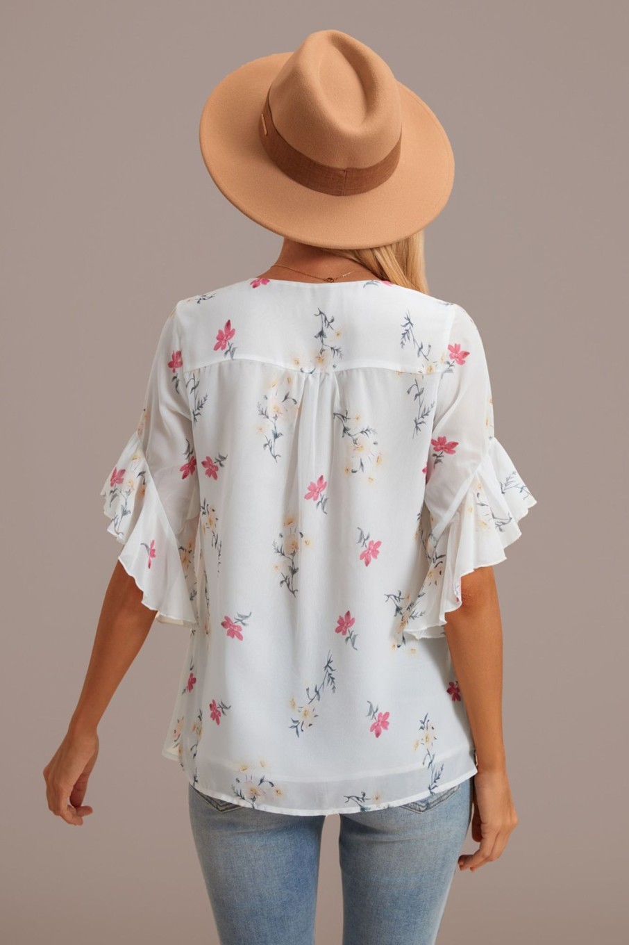 Hot Floral V Neck Ruffle Short Sleeve Blouse White