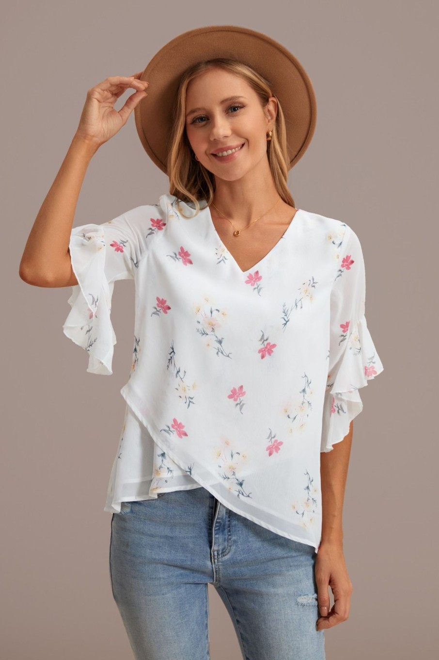 Hot Floral V Neck Ruffle Short Sleeve Blouse White