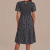 New Short Sleeve Round Neck Smocked Midi Dress Black