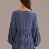 Clearance V Neck Long Balloon Sleeve With Elasticised Cuff Top Charcoal Blue