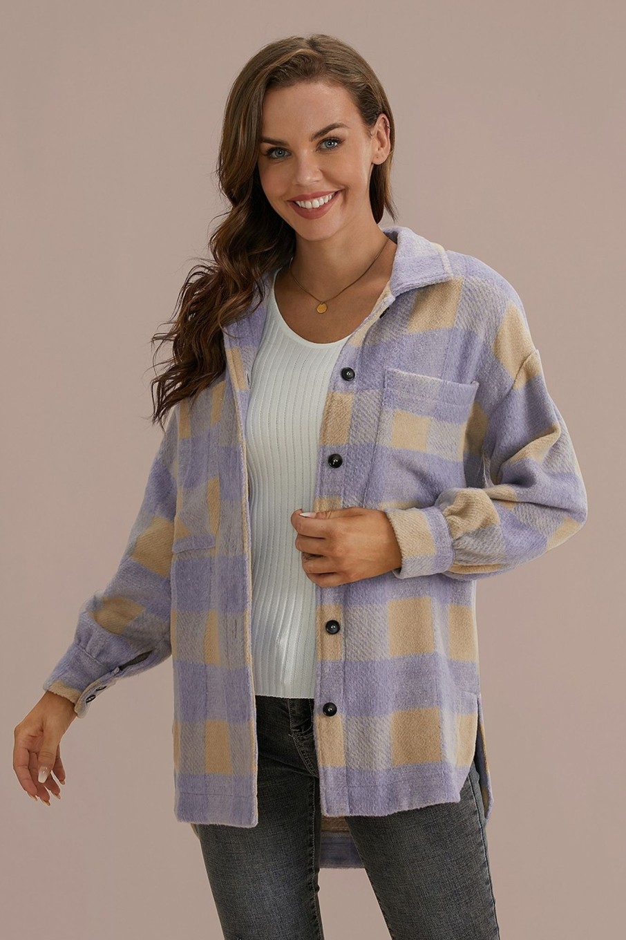 Wholesale Plaid Shacket Long Sleeve Classic Neck Pockets Jacket Coat Purple