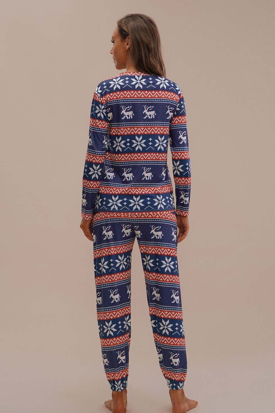 Online Christmas Elk Snowflake Print Long Sleeve Round Neck Pj Set Multi