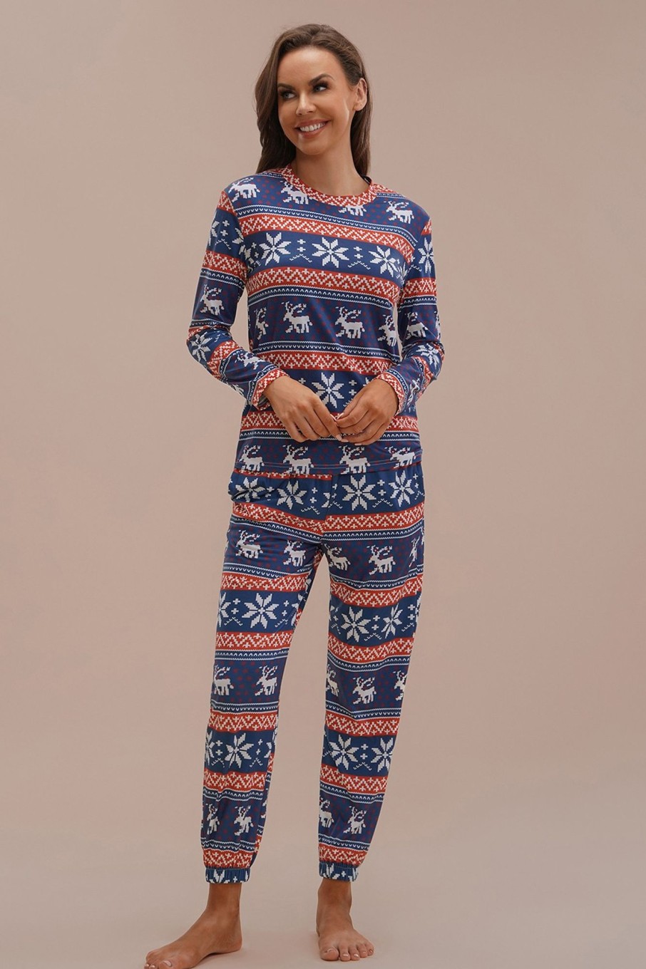 Online Christmas Elk Snowflake Print Long Sleeve Round Neck Pj Set Multi