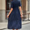 Hot Short Sleeve Round Neck Plaid Cotton Maxi Dress Navy