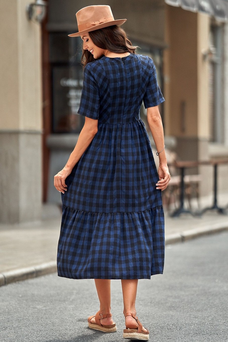 Hot Short Sleeve Round Neck Plaid Cotton Maxi Dress Navy