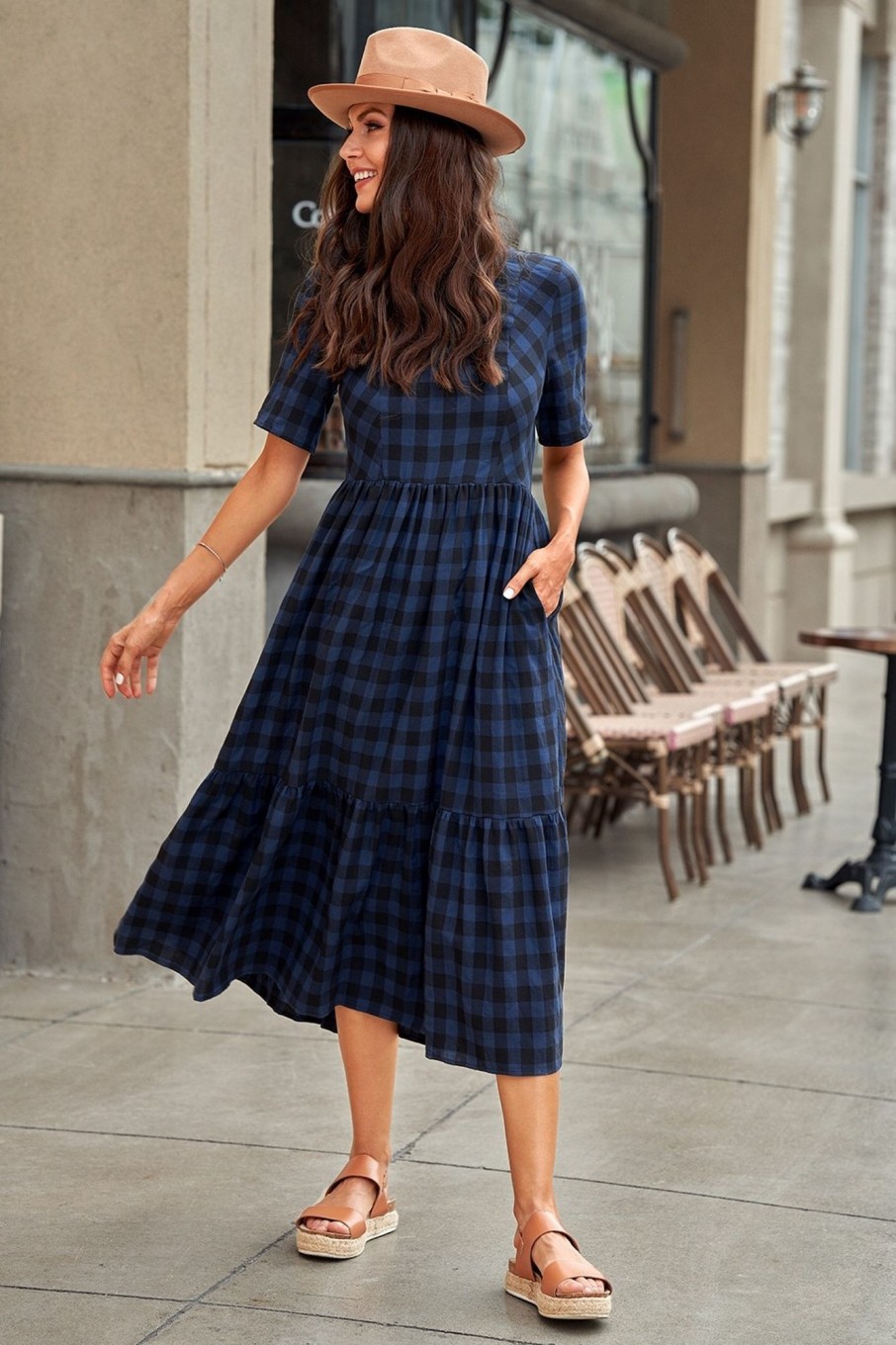 Hot Short Sleeve Round Neck Plaid Cotton Maxi Dress Navy