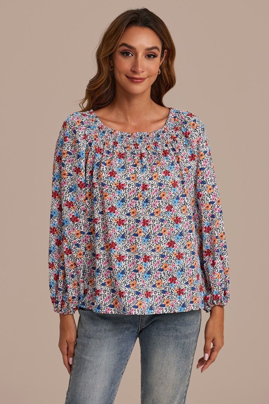 Hot Floral Square Neck Long Sleeve Blouse Multi