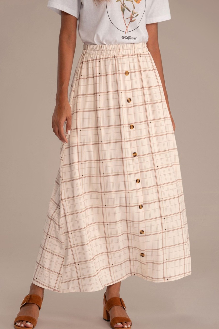 Online Plaid Button Detail Maxi Skirt Cream Plaid