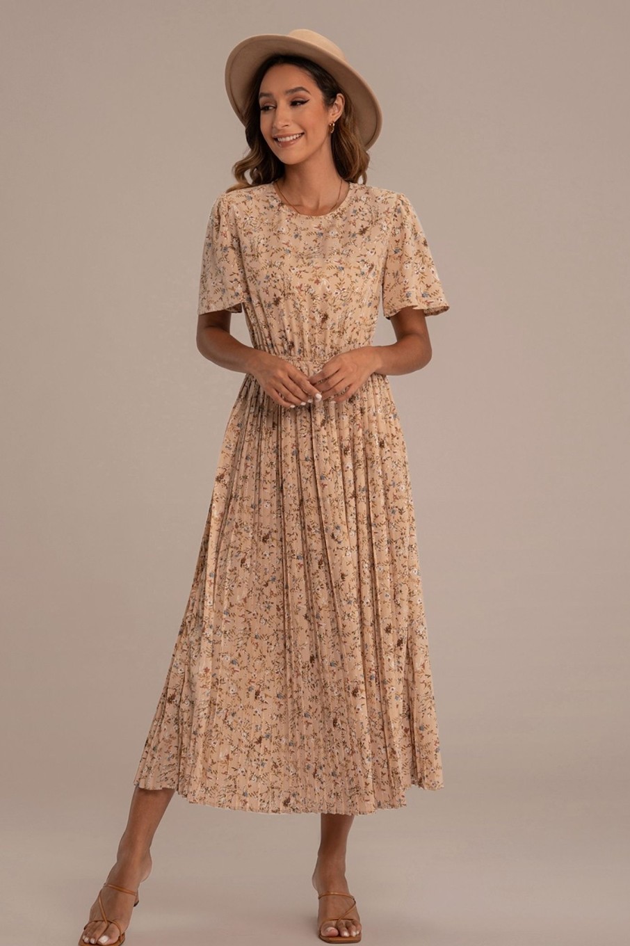 Best Floral Short Sleeve Round Neck Folds Midi Dress Beige