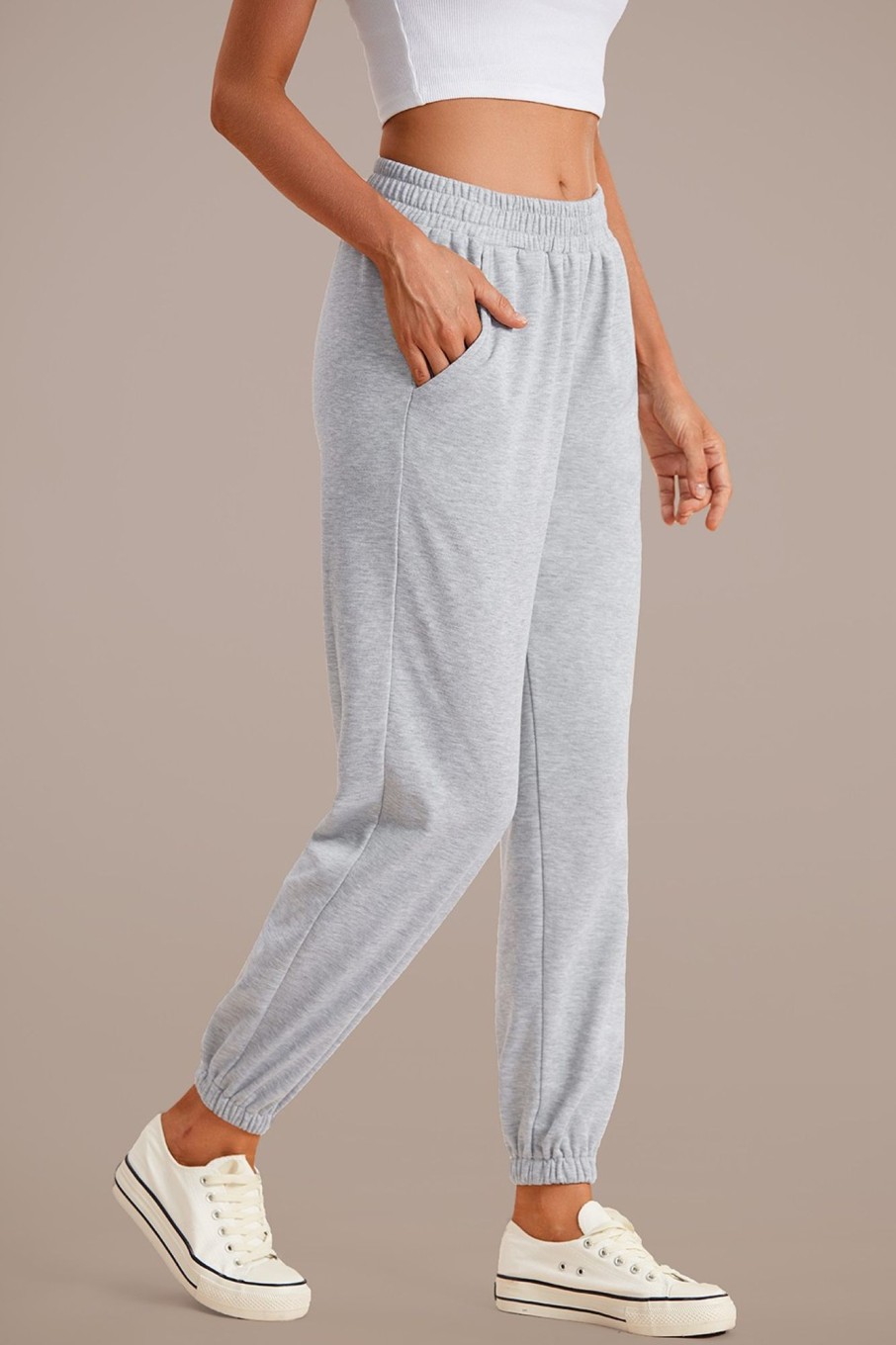 Hot Basic Elastic Waist Pocketed Sweatpants Grey