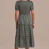 New Floral Short Sleeve Round Smocked Tiered Midi Dress Sage