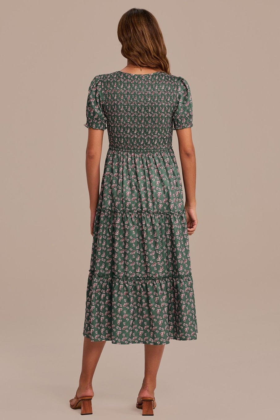 New Floral Short Sleeve Round Smocked Tiered Midi Dress Sage