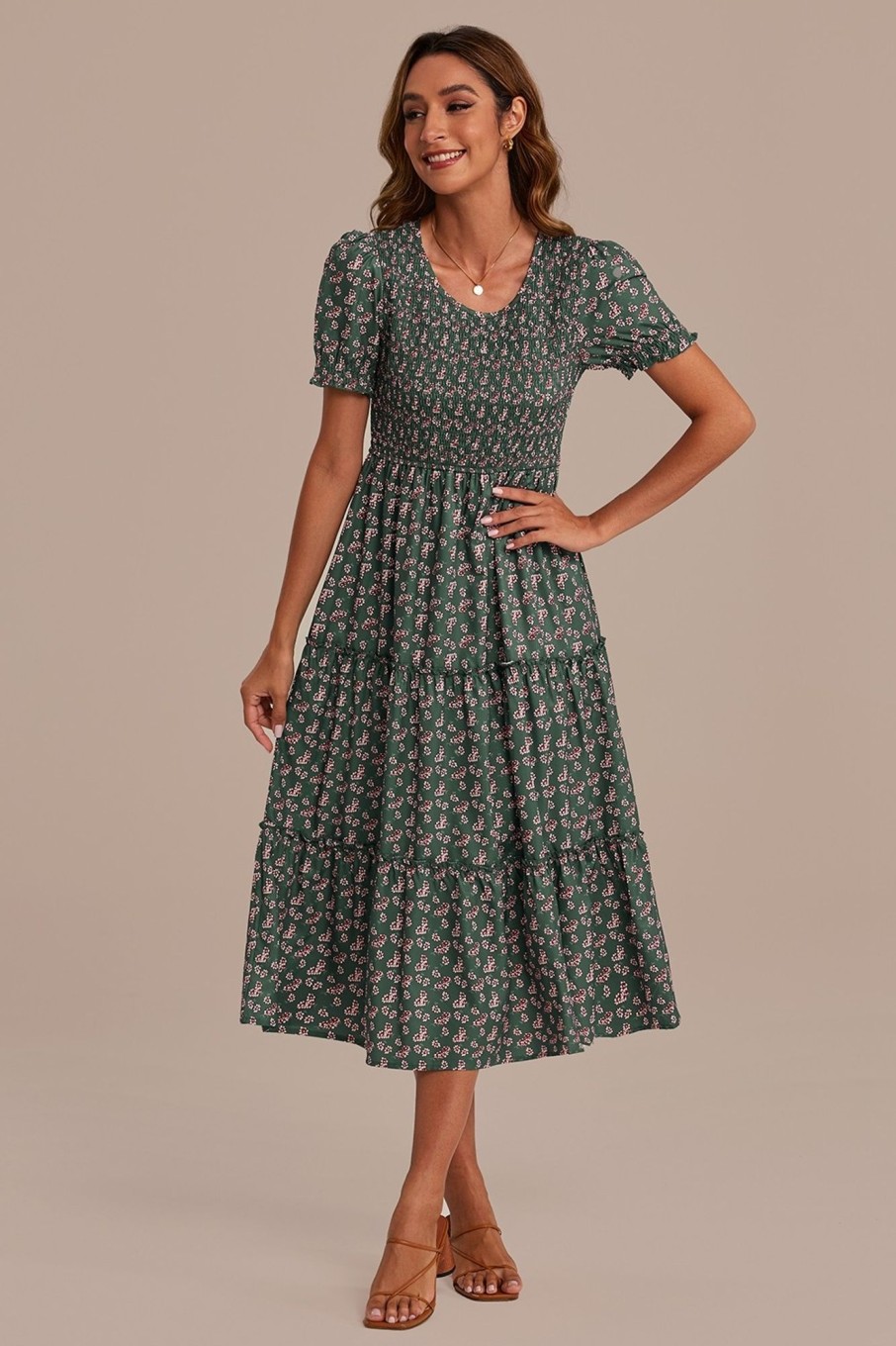 New Floral Short Sleeve Round Smocked Tiered Midi Dress Sage