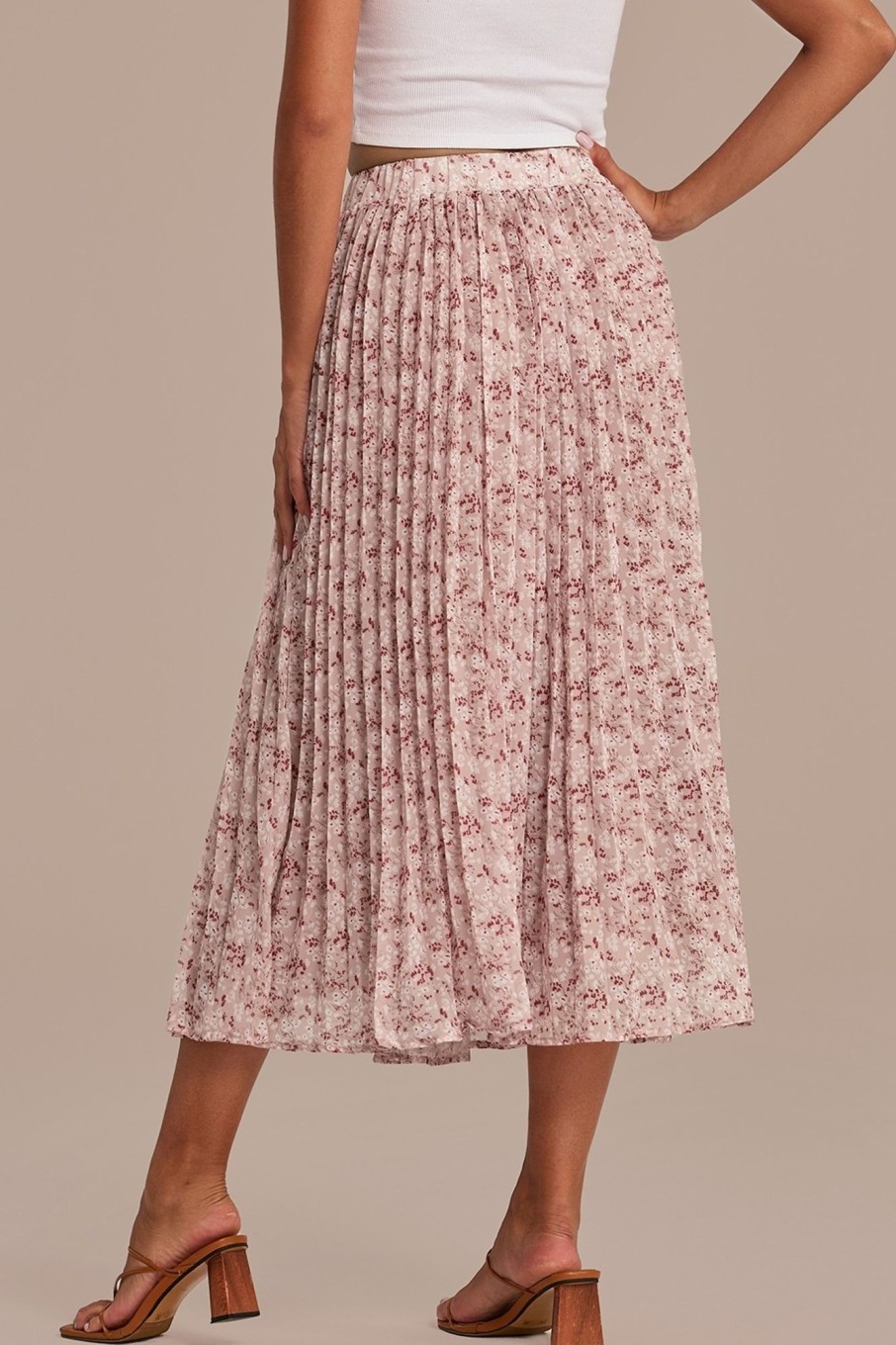 Online Floral Pleated Elastic Waist Midi Skirt Taupe