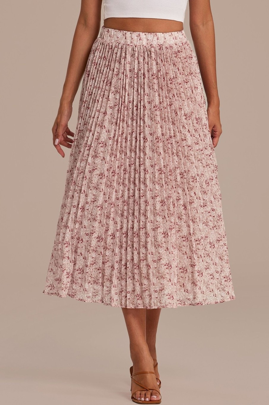 Online Floral Pleated Elastic Waist Midi Skirt Taupe