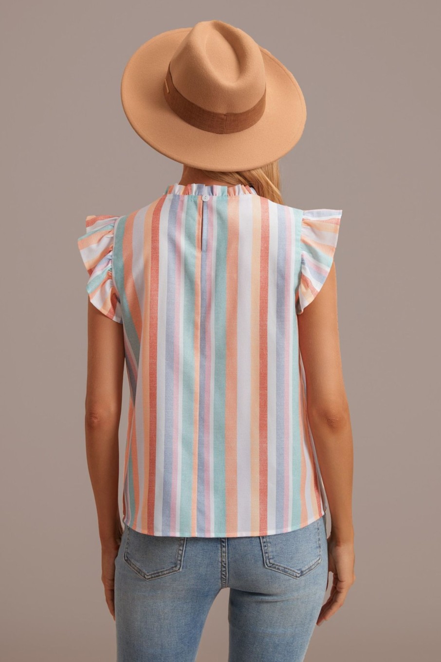 Clearance Round Neck Ruffle Short Sleeve Stripe Top Multi