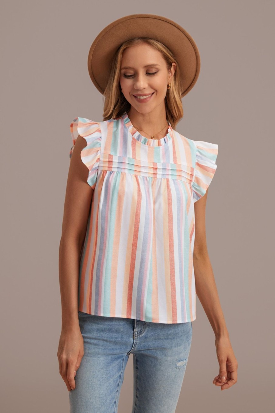 Clearance Round Neck Ruffle Short Sleeve Stripe Top Multi